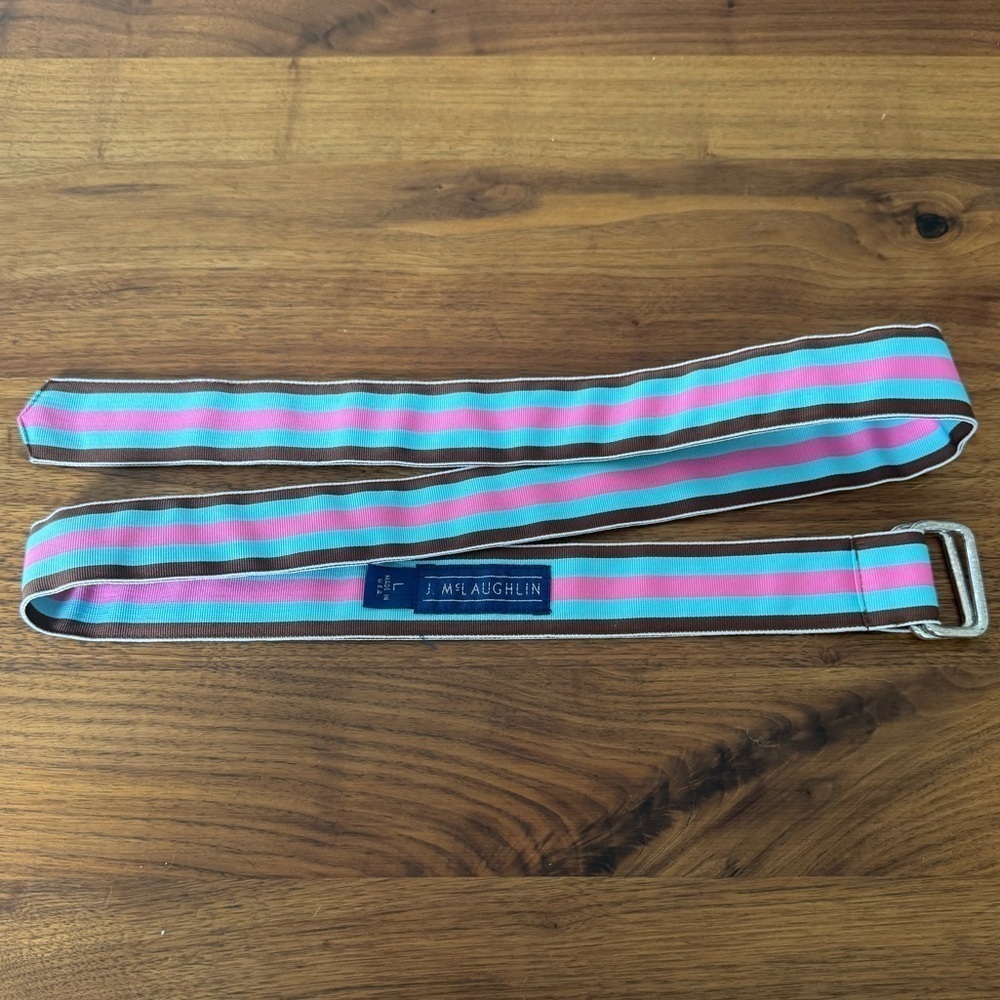 J. MCLAUGHLIN Blue PINK brown Stripe Fabric Belt L preppy 43”
